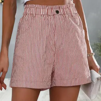 נשים קיץ מכנסי פסים הדפסה אלסטי המותניים קו-נשים קצרים מעל הברך אורך גבוהה המותניים הגברת מכנסיים קצרים נקבה בגדים
