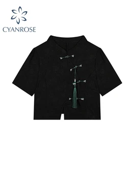 נשים שחור גותי חולצה, חולצות אופנה שרוול קצר בציר סינית בסגנון Harajuku Y2k חופשי החולצה העליון בגדי הקיץ 2023
