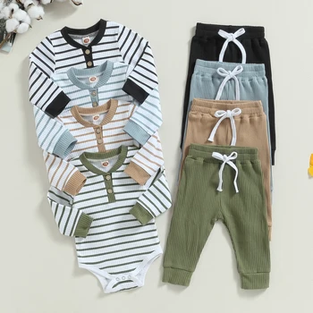 סתיו התינוק התינוק ליפול תלבושות שרוול ארוך עם פסים הדפסה רומפר + מכנסיים סט בגדים חמים