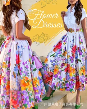 פרחוני הדפסה Ruched שמלת החולצה מכופתרת נשים זמן חופשי אביב קיץ גבוהה המותניים שמלה פרח מזדמן אופנה