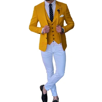 צהוב חליפות גברים לחתונה רזה מעיל האפוד עם המכנסיים 3 חתיכה השושבינים טוקסידו בהזמנה אישית האופנה הגברי תחפושת 2023