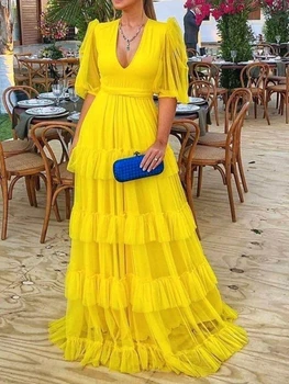 צהוב טול זמן פיה שמלת צוואר V גזה שרוול קצר טלאים וינטג ' נקבה אירוע ערב אירוע החתונה Maxi שמלות חלוק