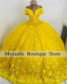 צהוב תחרה מעל הכתף בת 15 הטקס שמלות 2023 אפליקציות מתוק 16 להתלבש למסיבה שמלת תחרה Vstidos דה גאלה