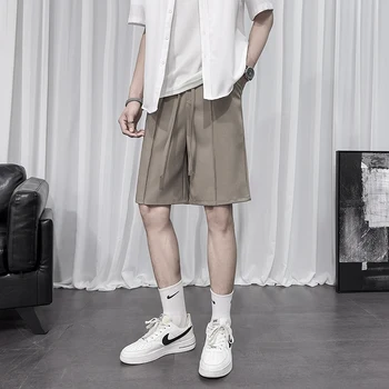 קוריאני אופנה קיץ ישר חליפת מכנסיים קצרים לגברים Calssic מוצק צבע באגי מזדמנים מכנסיים קצרים זכר Ealstic המותניים אורך הברך