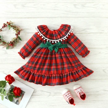 קידום מיוחד חג המולד להתלבש בשביל בנות תינוק פעוט, ילד אדום משובץ קשת שמלות ילדה חג המולד מסיבת תחפושות נסיכה