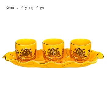 קרמיקה סיני מוזהב כוסות לשימוש ביתי מנחות, שלוש באחד כוסות, חמש בכוס אחת קישוטי פנג שואי בודהיזם