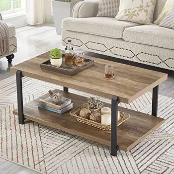 שולחן עם מדף עץ ומתכת כפרי קוקטייל שולחן הסלון, אלון