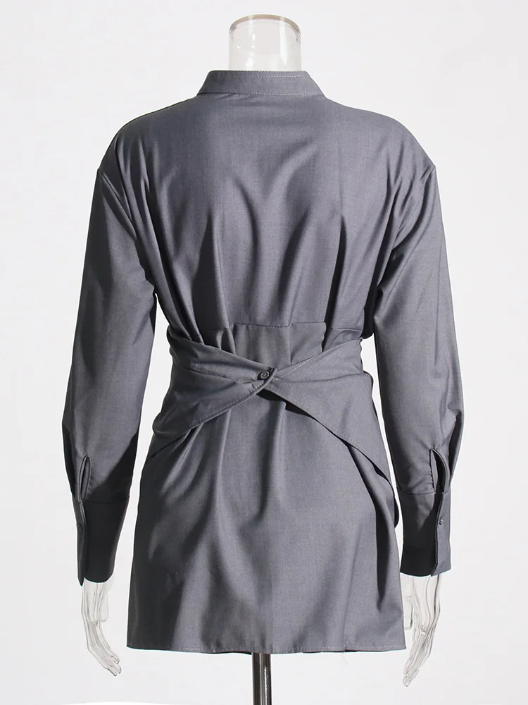 Eshin מינימליסטי חולצות לנשים לעמוד צווארון שרוול ארוך משולבים יחיד עם חזה טוניקה, חולצה נשית בגדי אופנה TH4568 - 1