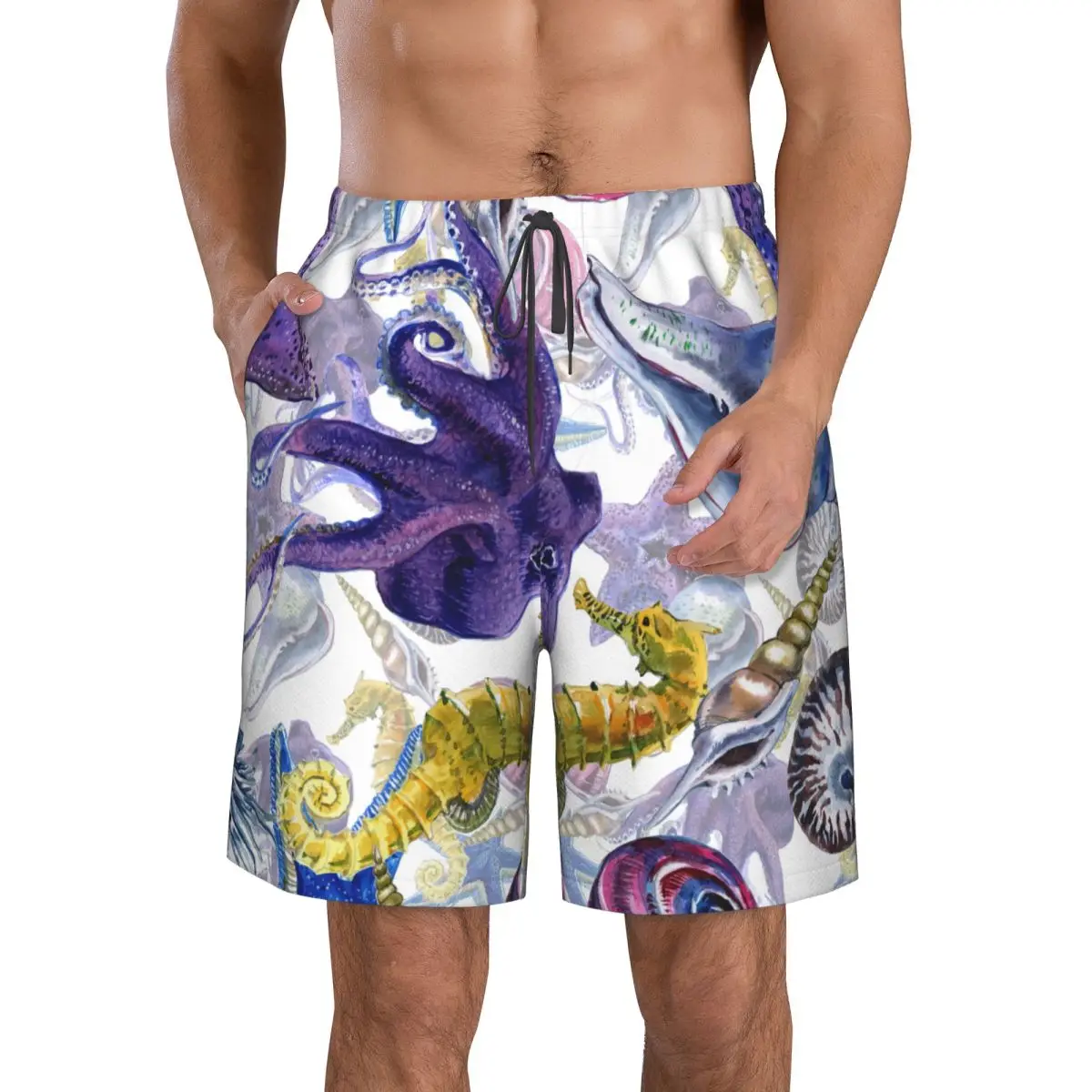 גברים חוף קצר מהיר ייבוש שחייה המטען בצבעי מים חוף צדפים יצורים תת בגדי ים בגדי ים בגד ים קצר - 1