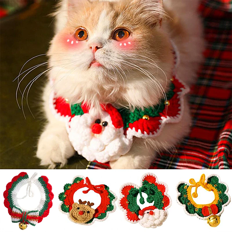 חג המולד שנה החדשה סינר אביזרים הקשת בל מתכוונן לחיות מחמד חמוד ארוגים צווארון צמר צווארון כלבים וחתולים יפה צווארון מזויף - 1