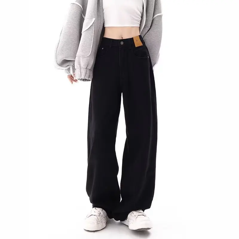 קוריאני שחור יסודות רחבים ישר ג 'ינס נשים אופנה אופנת רחוב גבוהה המותניים רחב הרגל מכנסי ג' ינס נשי משוחרר ז ' אן מכנסיים Y2K - 1