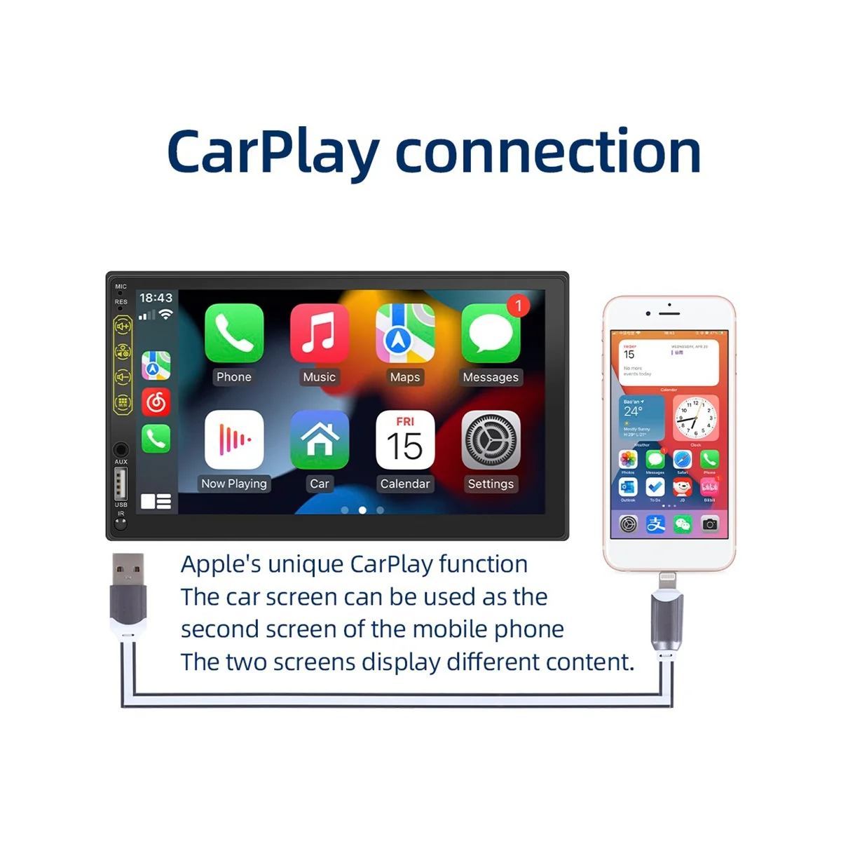 7 אינץ דאבל דין לרכב סטריאו באיכות HD, מסך מגע,Carplay אנדרואיד אוטומטי,12LED מצלמה גיבוי,ראי קישור,USB/AUX,רדיו FM רדיו במכונית - 2