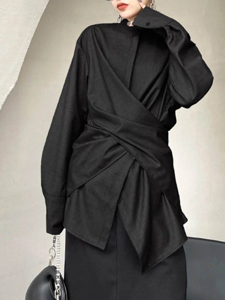 Eshin מינימליסטי חולצות לנשים לעמוד צווארון שרוול ארוך משולבים יחיד עם חזה טוניקה, חולצה נשית בגדי אופנה TH4568 - 2