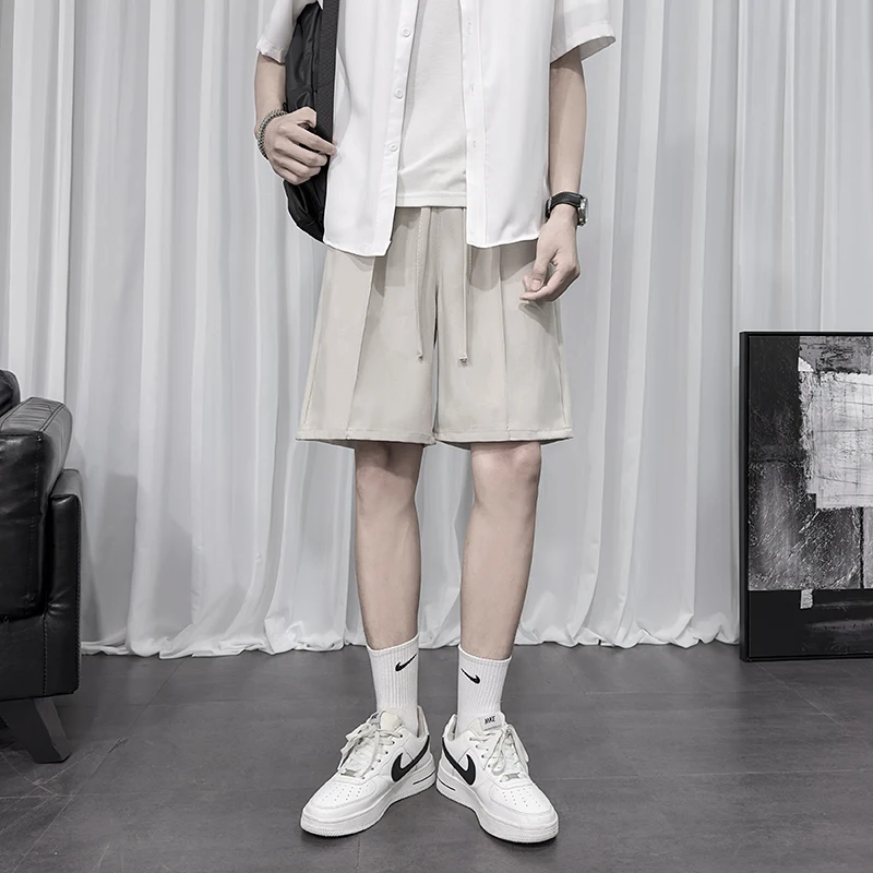 קוריאני אופנה קיץ ישר חליפת מכנסיים קצרים לגברים Calssic מוצק צבע באגי מזדמנים מכנסיים קצרים זכר Ealstic המותניים אורך הברך - 2