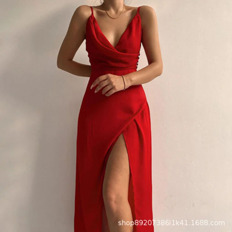 2023 האביב באירופה ובארצות הברית סקסית V-צוואר הקולר לפצל את השמלה של נשים midlength השמלה - 3