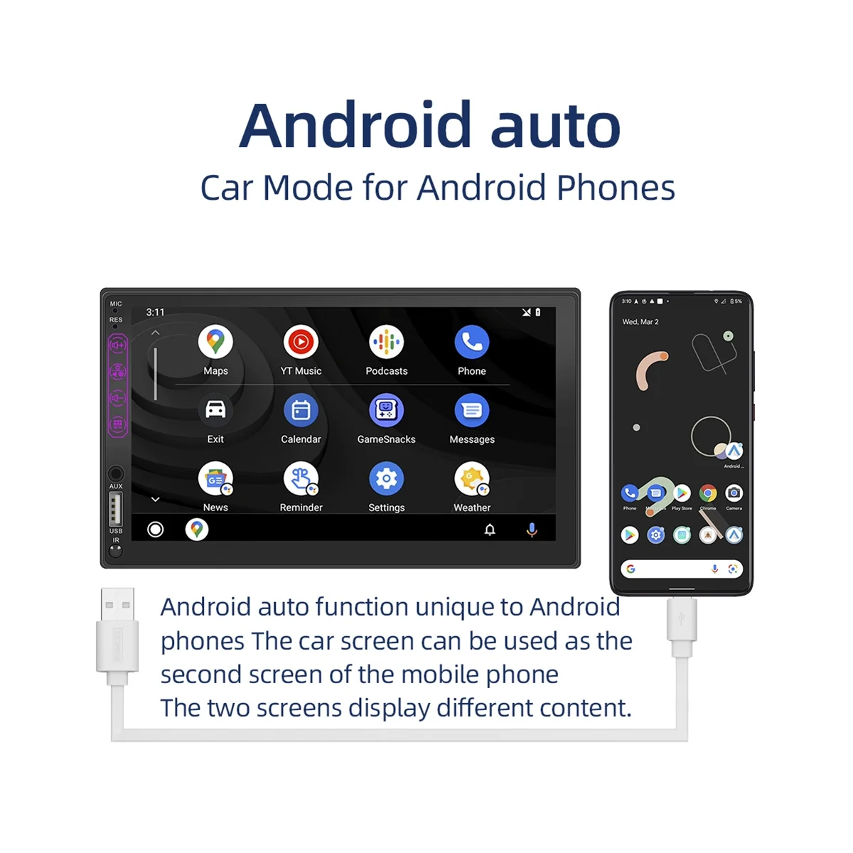 7 אינץ דאבל דין לרכב סטריאו באיכות HD, מסך מגע,Carplay אנדרואיד אוטומטי,12LED מצלמה גיבוי,ראי קישור,USB/AUX,רדיו FM רדיו במכונית - 3