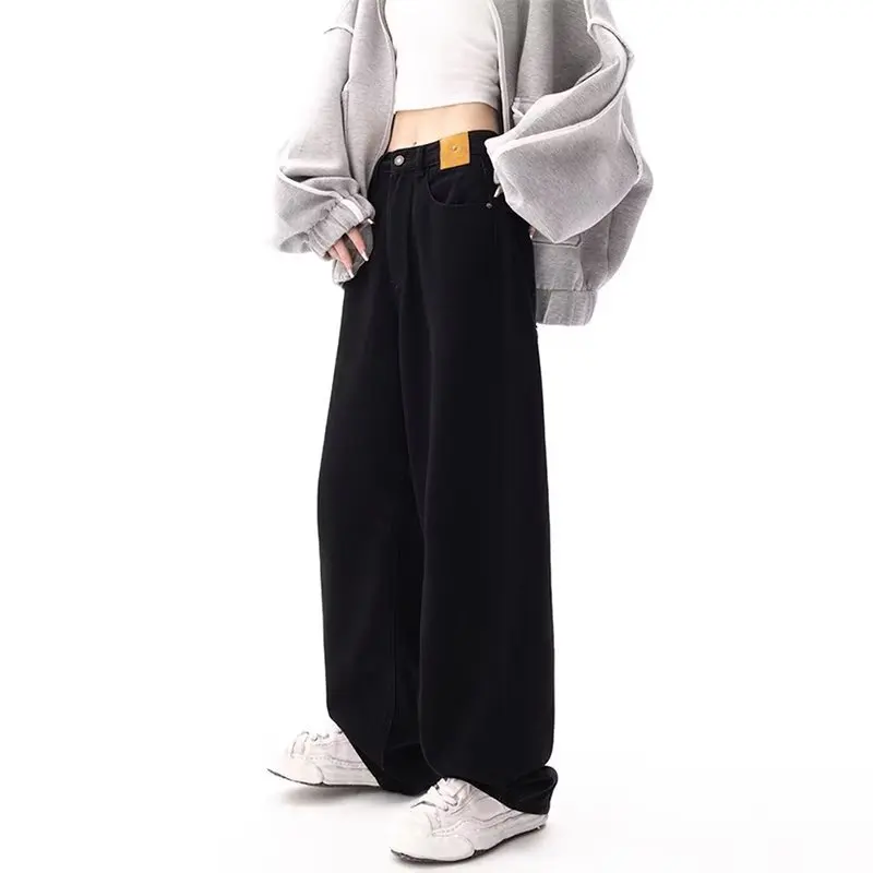 קוריאני שחור יסודות רחבים ישר ג 'ינס נשים אופנה אופנת רחוב גבוהה המותניים רחב הרגל מכנסי ג' ינס נשי משוחרר ז ' אן מכנסיים Y2K - 3
