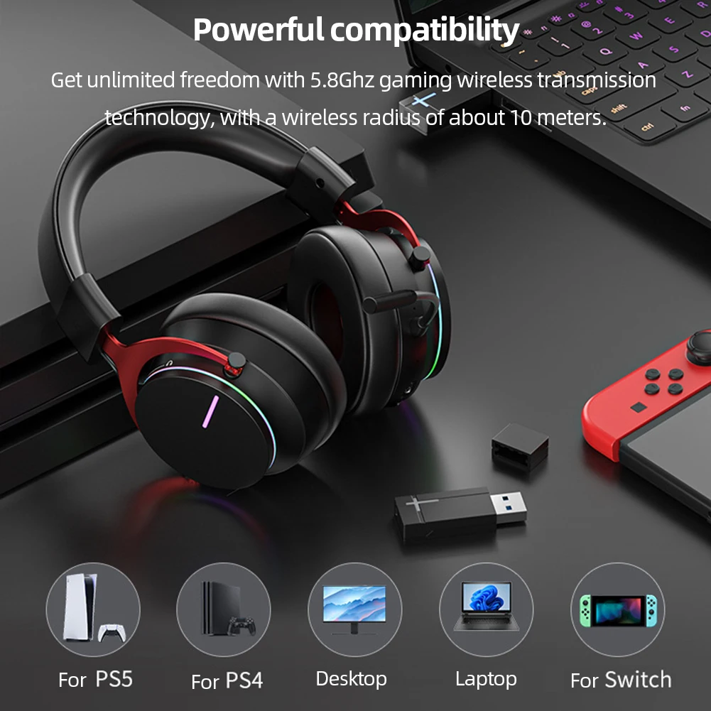 Wireless Gaming אוזניות Bluetooth תואם RGB אור המשחקים Overear לחיבור נוח איזון התאמת למחשב נייד - 4