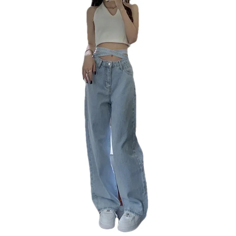 עיצוב בגזרה גבוהה תחרה-אפ ג 'ינס נשים אופנה לוהטת בג' ינס קיץ באגי מכנסיים רחבות ישר מכנסיים באורך רצפת המכנסיים - 4