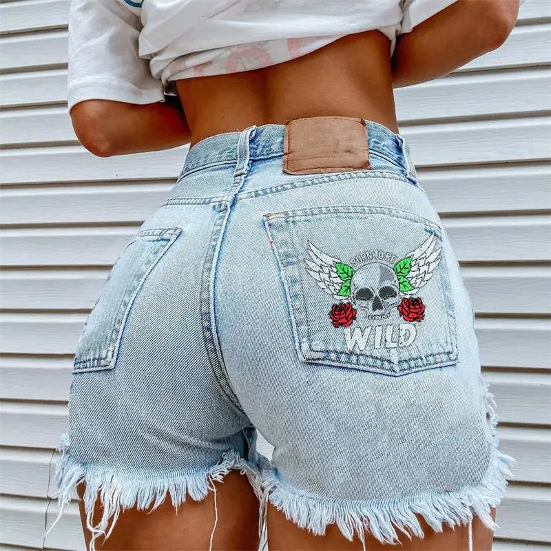 נשים מכנסי ג 'ינס קצרים 2023 הקיץ החדש שלד הדפסה רוק רחוב היפ הופ מועדון מזדמנים בתוספת גודל ג' ינס קצרים. - 5