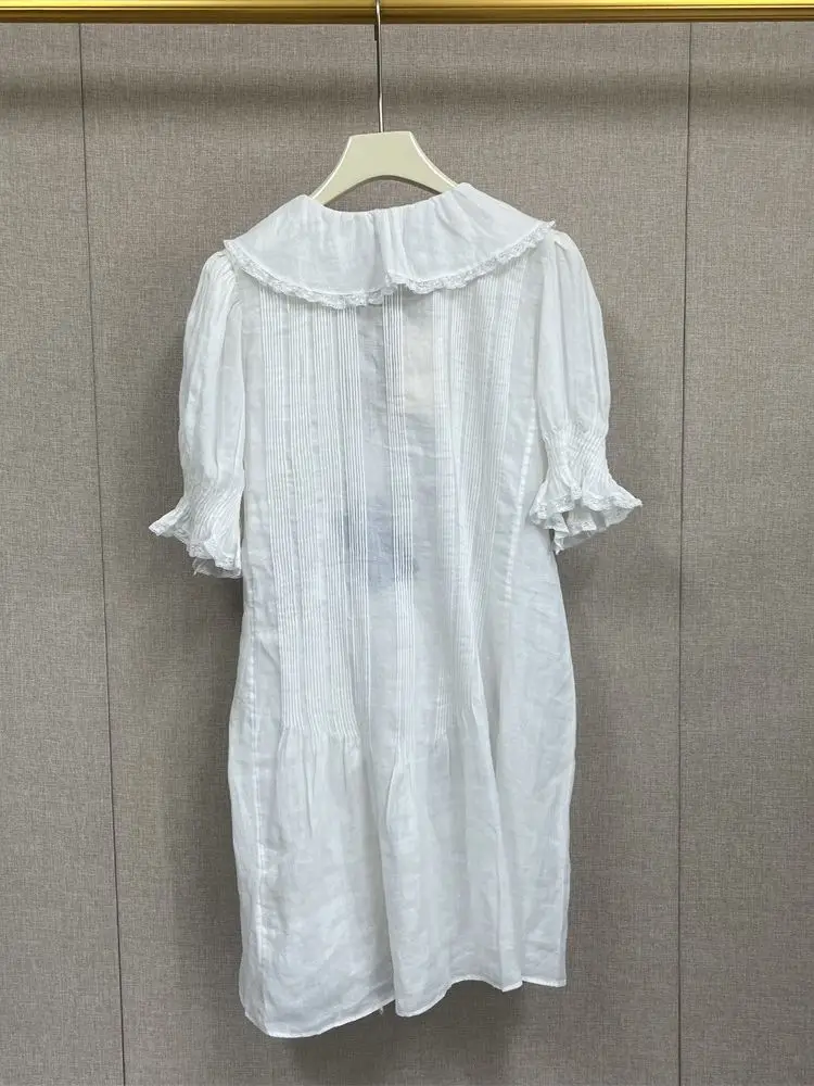 נשים קפלים V-צוואר לבן שמלת מיני 2023 קיץ מזדמן חתיכה אחת פאף שרוולים עם קפלים תחרה-אפ קצר חלוק לנשים - 5